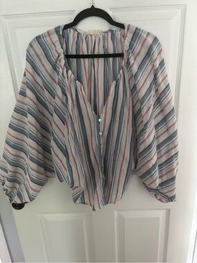 Together Striped Button-Front Peasant Blouse in Cream, Blue and Coral